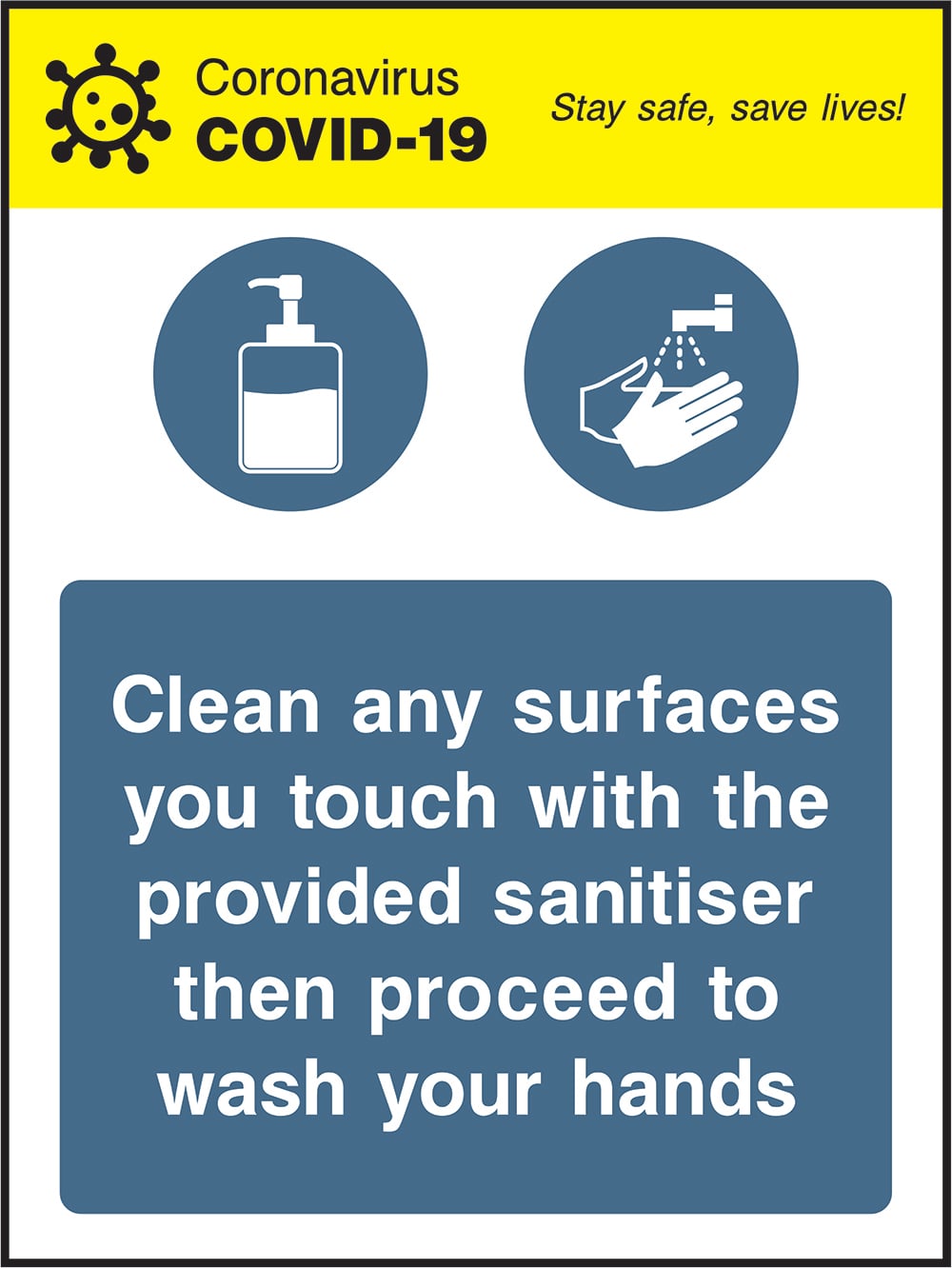 Signage: Clean Surfaces and Wash Hands (COVI0026)