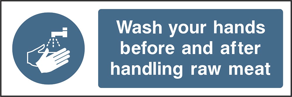 Signage: Wash Hands Before and After Handling Raw Meat (FOOD0049)